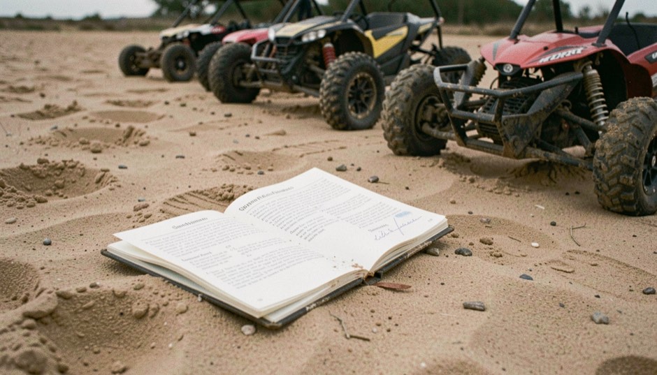 Un carnet de terrain ouvert sur le sable près de pièces de buggy démontées.