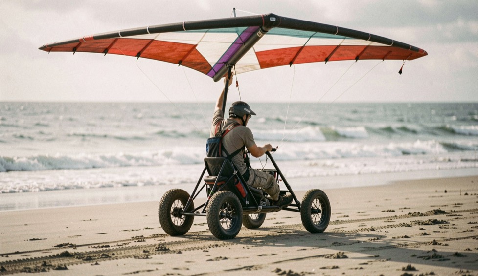 Un kite buggy à trois roues progresse sur une plage ferme sous une aile au vent.