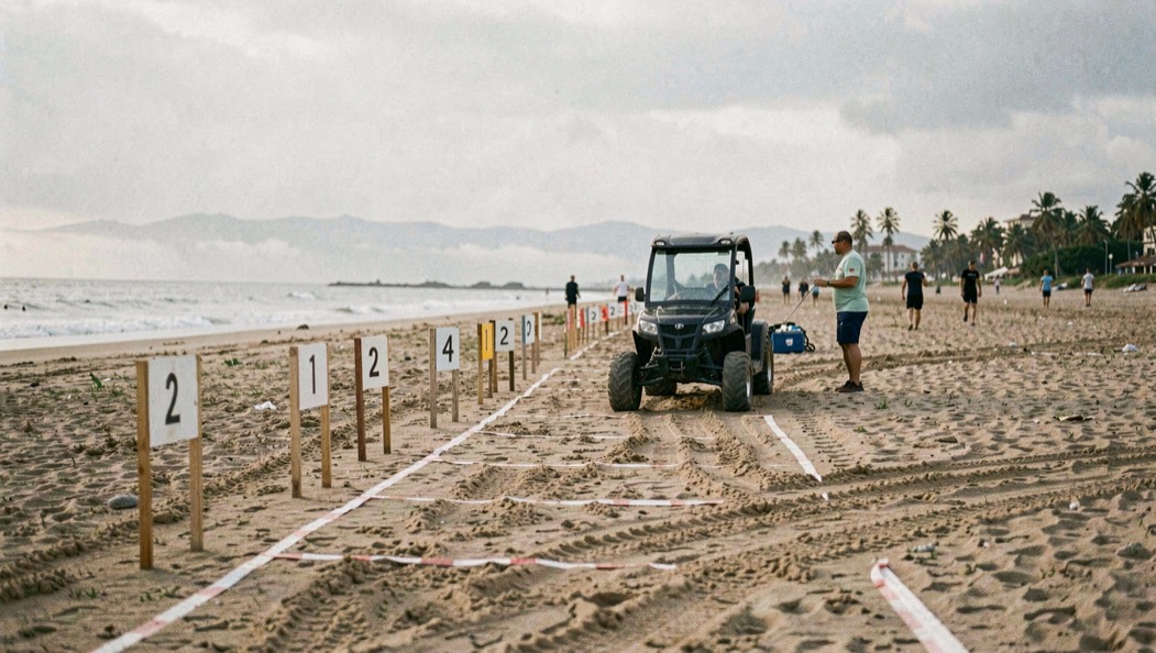 Une ligne de départ de course sur plage avec des repères de parcours et un buggy.
