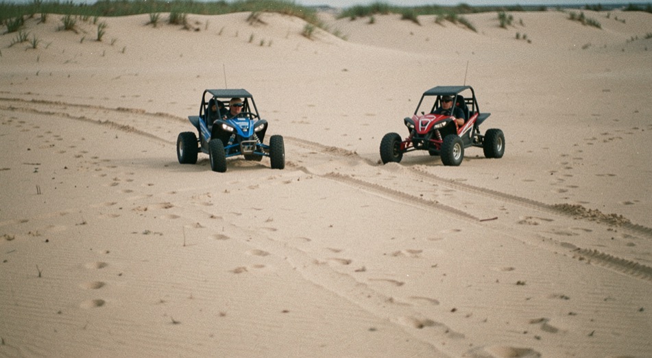 Deux trajectoires de buggy se croisent dans le sable, séparées par une large zone dégagée.