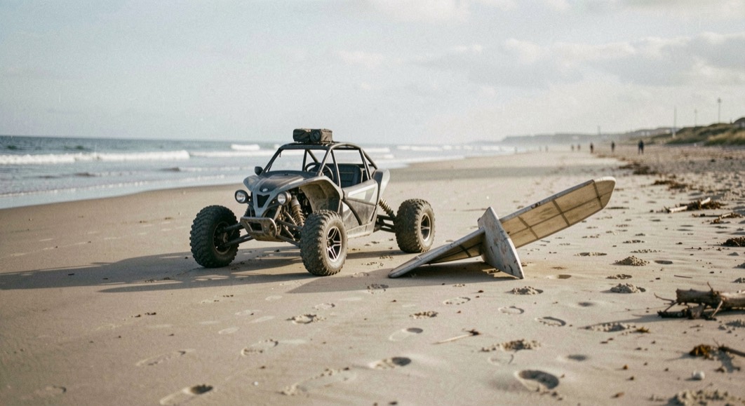 Un buggy démonté et une aile pliée attendent sur une large plage calme.