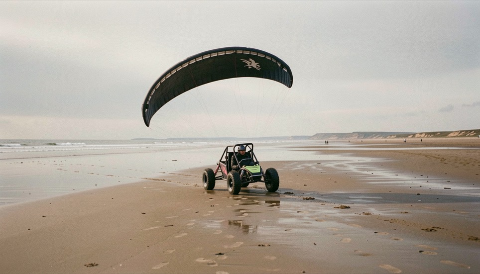 Un kite buggy avance sur une vaste plage à marée basse sous une aile sombre et un vent régulier.