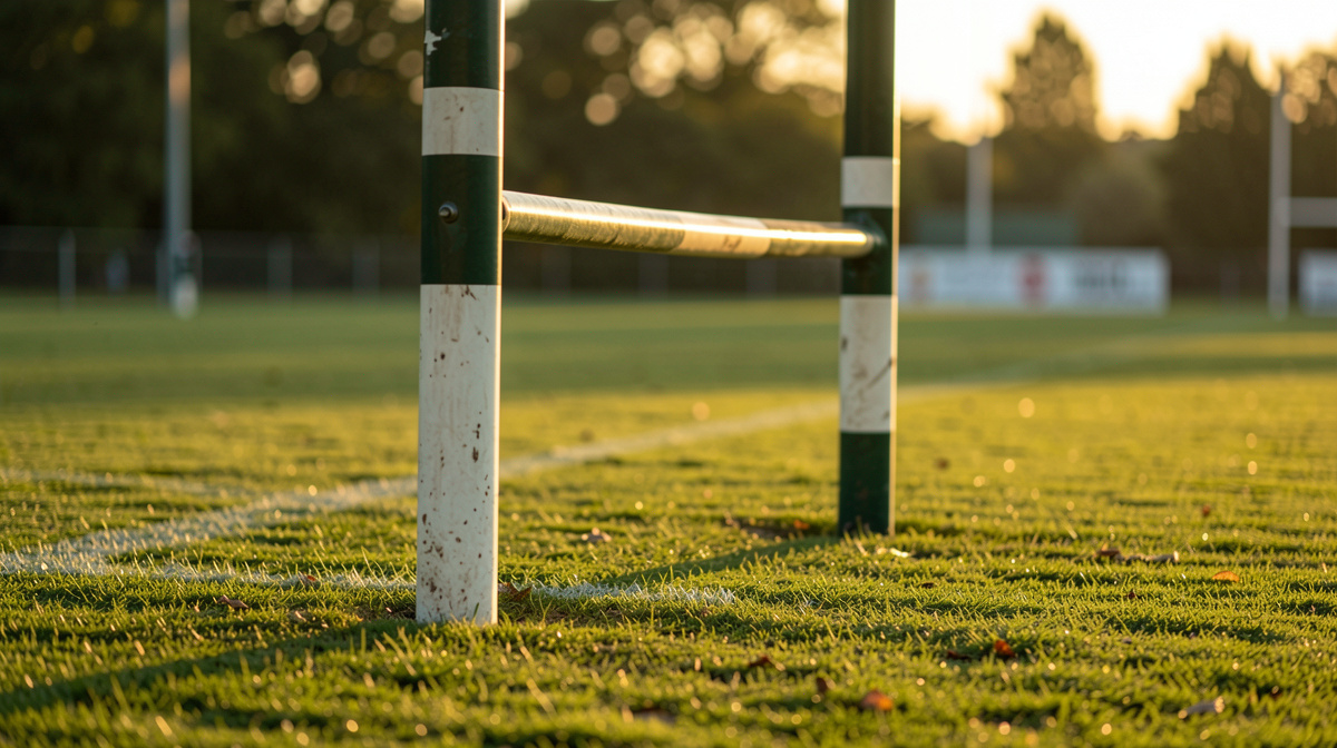 Vue rapprochée de poteaux de rugby en forme de H dressés sur une pelouse verte, en fin de journée, lumière rasante dorée, cadrage horizontal depuis le bord du terrain.