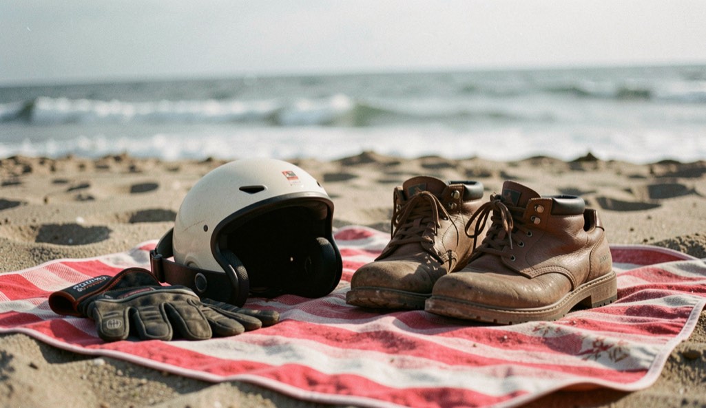 Un casque, des gants et des chaussures fermées sont posés sur une couverture de plage.