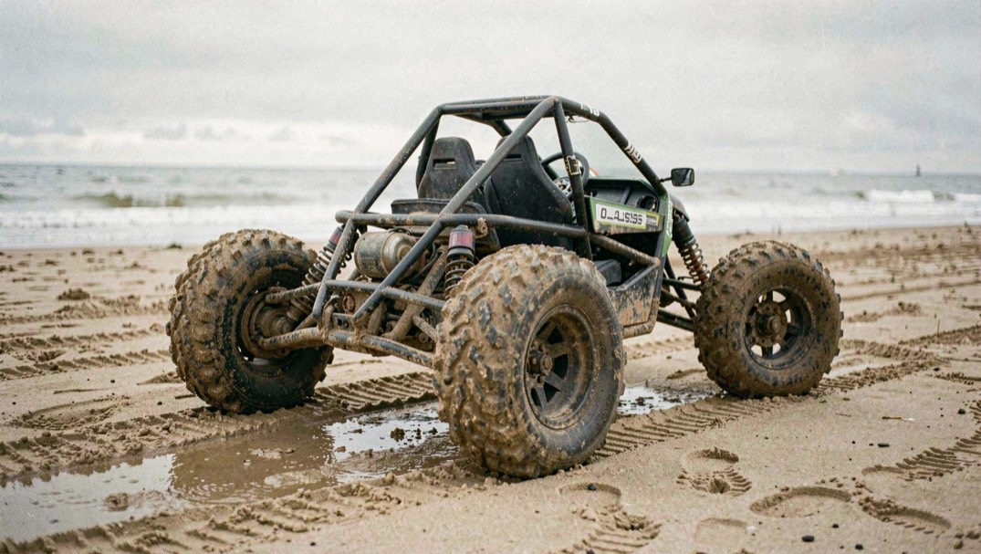Les roues larges et le châssis d un buggy de classe 8 vus sur le sable humide.